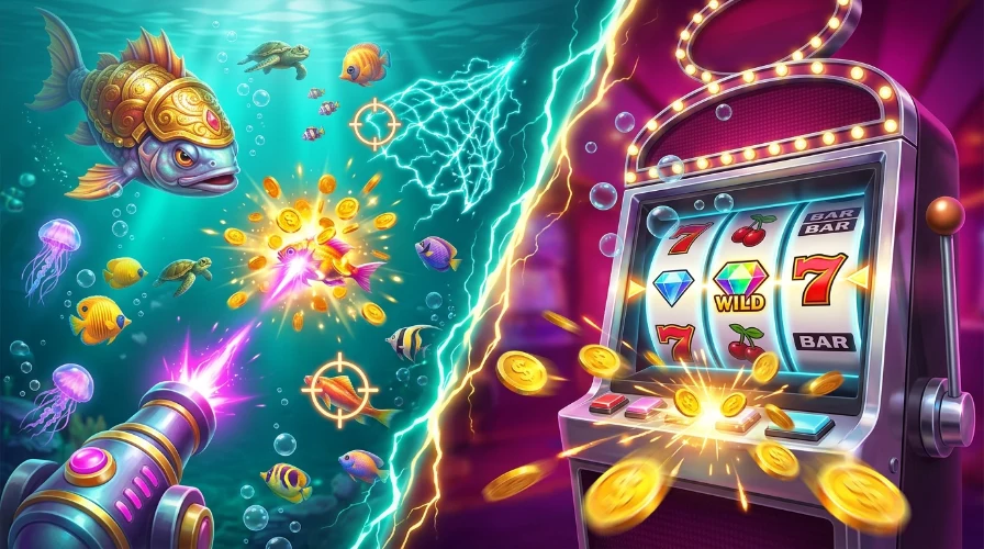 glowing wallet vault at the center linked by magenta light streams to floating game screens including a fish arcade, a slot, a keno board and a roulette wheel, with an ID check mark, gift box and treasure chest below.