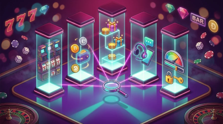 five glowing glass pillars on a neon casino floor, each holding a different feature of a casino platform, such as game cabinets, crypto coins, bonus steps, a support headset and a limits gauge, with slot sevens and chips drifting around them.