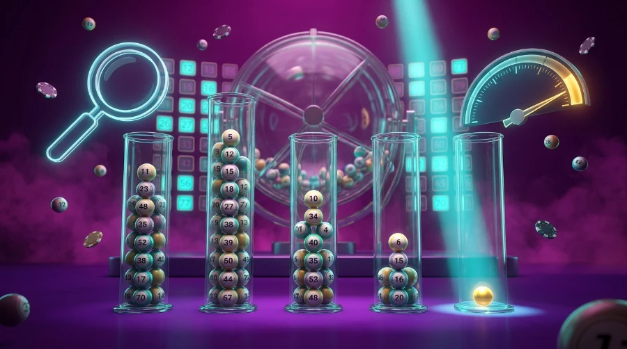 five glass tubes of numbered keno balls forming a skewed distribution, with one lone golden ball spotlighted, a magnifying glass, and a gauge showing common to rare results.
