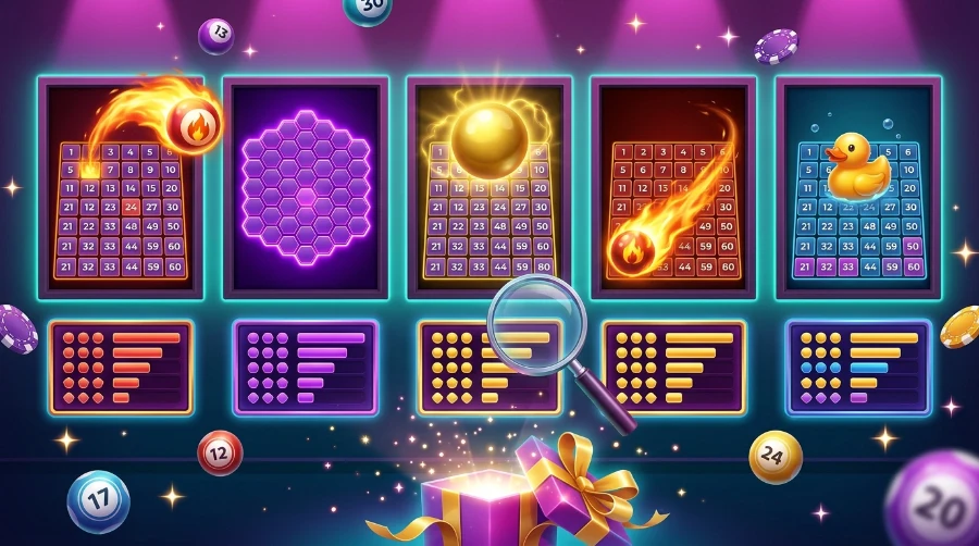 gallery wall of five different keno game screens with their own pay table panels, a magnifying glass comparing two tables, and a gift box opening below.