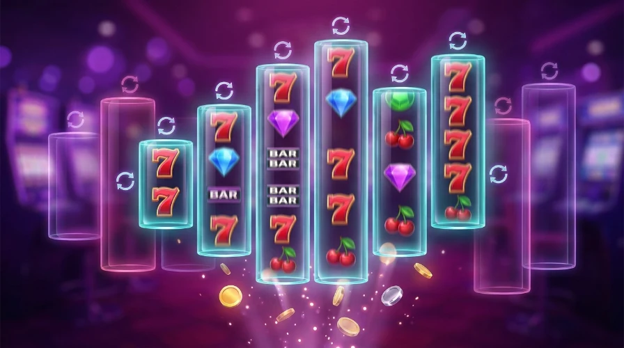 six glowing glass reels of different heights caught mid-spin, with ghost outlines of other reel heights overlapping behind and symbols like sevens, gems and bars stacked inside.
