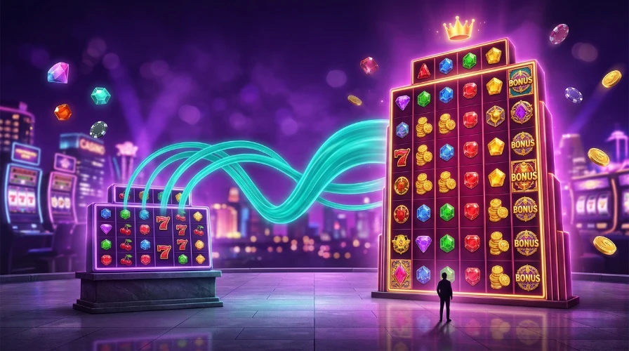 a small compact slot grid on the left next to a huge golden tower-like grid of tall reels on the right, linked by a ribbon of teal light, with a person’s silhouette for scale.