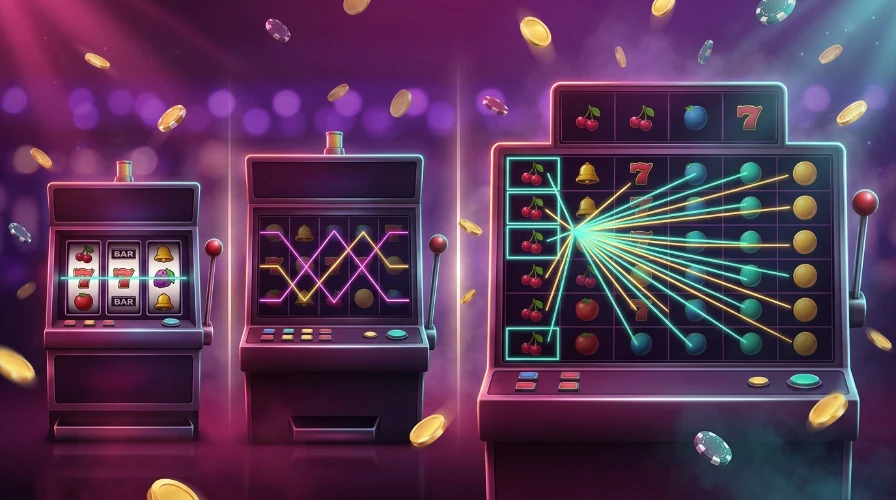 three slot machines side by side, a retro fruit machine, a standard video slot with zigzag paylines and a larger Megaways machine with beams of light spreading across its uneven reels.