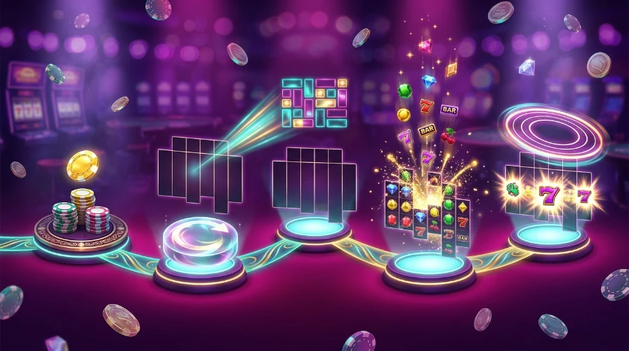 a five-step Megaways round shown as a glowing path, with a chip stake dial, a spin button, a ways counter, falling cascade symbols and scatter symbols bursting into light.