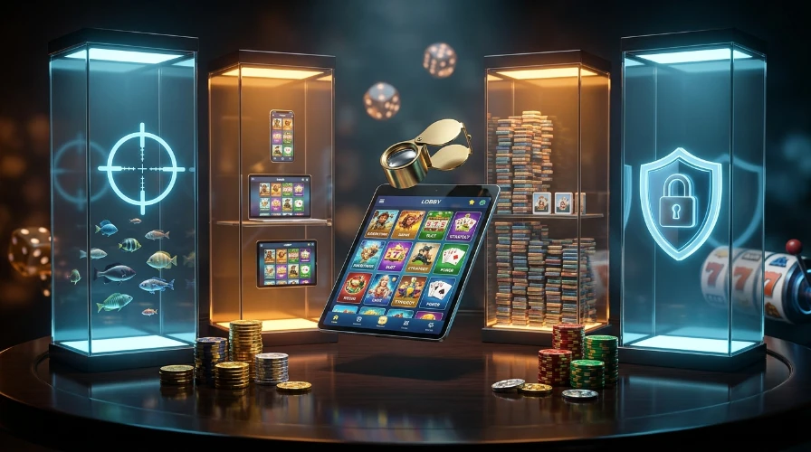 Glass display pillars testing a social gaming app on game focus, devices, lobby size and account safety