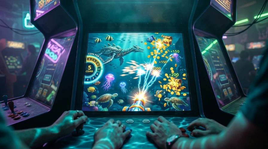 Player’s hands on a fish table arcade cabinet, aiming at colorful sea creatures with coin rewards on screen