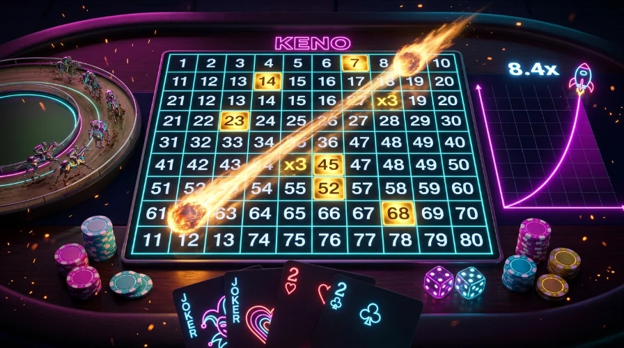 Neon keno board of 80 numbered tiles with a fireball multiplier, a crash curve, chips and cards on an arcade table