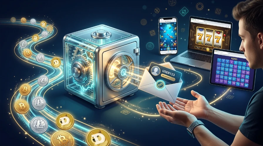 Crypto coins flowing into an account vault, with login details sent by envelope to a phone, laptop and tablet showing game lobbies